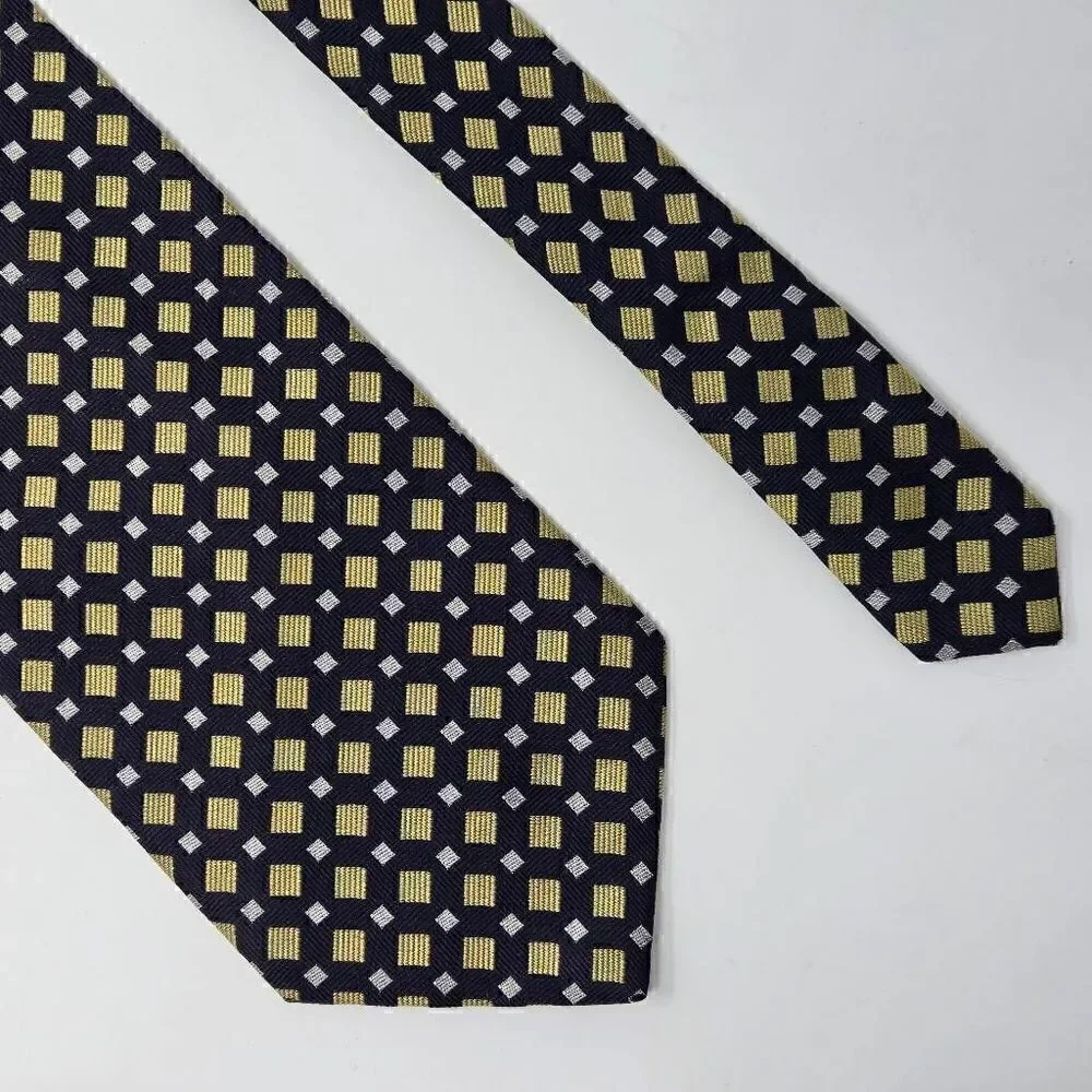 EQUESTRIAN FIRENZE SILK TIE BLUE YELLOW GEOMETRIC FOULARD SATIN 3.75